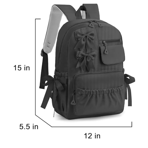 Girls Elementary School Backpack with Bows for Kids Kawaii Coquette Bookbag - color: Black, size: Medium (15"h)