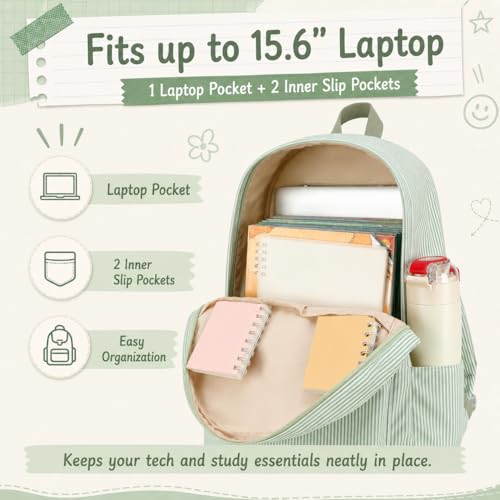 BTOOP School Backpacks for Teen Girls Bookbags Lightweight Kids Backpack School Bags Set with Lunch Box Pencil Case - color: Green White Stripe