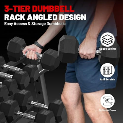 PAPABABE Hex Dumbbell Set with Rack, Rubber Encased Free Weight with Weight Storage Racks, Multiple Weight Options for Home Gym and Fitness - style: 900LB with 3-Tier Weight Rack