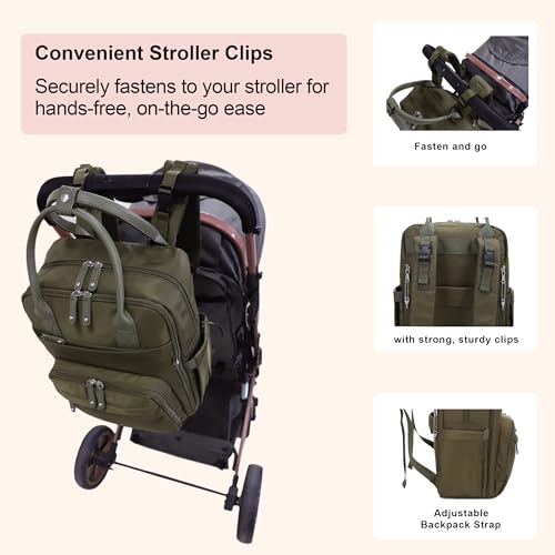 JESSIE & JAMES BeBe CCW Diaper Bag Nylon Backpack Multi Function Diaper Bag with Changing Pad & Stroller Straps_Olive/Olive - color: Olive/Olive