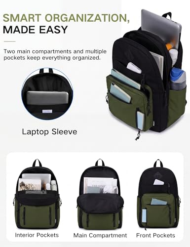 VASCHY School Backpack,Two Compartments Daypack Bookbag Schoolbag for High School Teen Boy Girls/College/Work/Men Bi-color - color: Black Green
