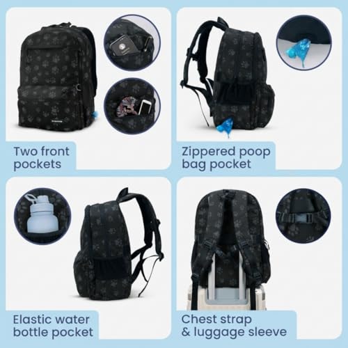Dog Travel Bag for Supplies - Complete Dog Diaper Bag Backpack with 2 BPA-Free Travel Bowls, Treat Pouch, Food Container, Placemat & Laptop Sleeve – for Traveling, Road Trips, Hiking: Black-Paw Print - color: Black/Grey Paw Print