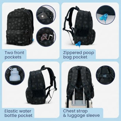 Dog Travel Bag for Supplies - Complete Dog Diaper Bag Backpack with 2 BPA-Free Travel Bowls, Treat Pouch, Food Container, Placemat & Laptop Sleeve – for Traveling, Road Trips, Hiking: Black-Paw Print - color: Black/Grey Paw Print