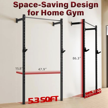 SPORTSOUL Wall Mounted Power Cage, 900lbs Squat Rack with Pull Up Bar for Home Gym, Space-Saving 2"x2" Pull-Up Station with Adjustable J-Hooks for Garage & Apartment - color: Black