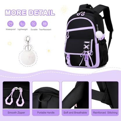 Scothen 3PCS Girls Backpack for School, Kids Backpack for Girls with Lunch Bag Pencil Case, Kids Bookbag Teen Backpacks for Elementary Middle High School (Black-Purple) - color: Black-purple