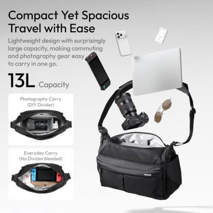 ULANZI U023 Camera Sling Bag 13L, 3-Point Crossbody Bag with MOLLE Shoulder Yoke and Removable EVA Padded Insert, Water-Resistant Camera Bag for Mirrorless DSLR, 14 Inch Laptop,Tripod & POV Action Cam - size: 13L
