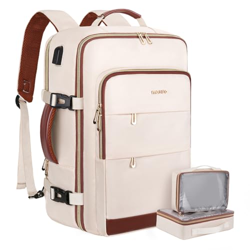 MOSISO 40L Travel Backpack for Women&Men, Flight Approved Carry on Daypack with USB Charging Port&2 Packing Cubes&Shoes Compartment, 17.3 inch Laptop Backpack for Office Work Travel Essentials, Beige