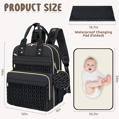 Diaper Bag Backpack, Waterproof Large Baby Bag with Changing Pad, Black | Baby Diaper Bag, Stylish, Large Capacity, with Changing Pad, with USB Port, Stroller Strap, Pacifier Case, Travel Essentials - color: Black