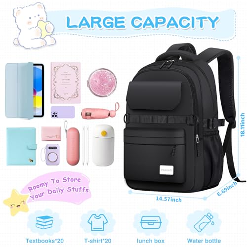 PRAGARI Kids School Backpack for Teens Girls Aesthetic Black Backpack Lightweight College Laptop Casual Travel Bookbag - color: Black