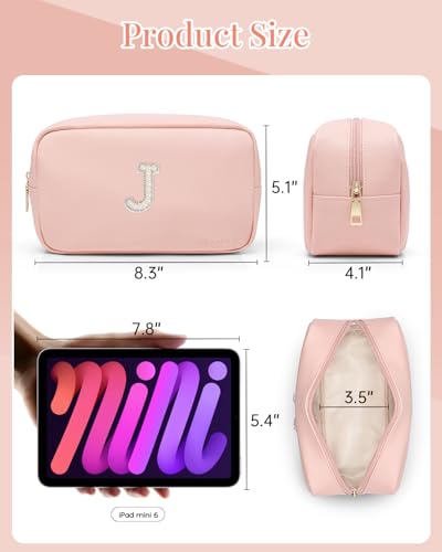 VLANDO Gifts for Girls Initial Makeup Bag Personalized Makeup Bag witt Pearl Cute Travel Toiletry Bag Preppy Makeup Pouch Birthday Gift for Teen Girls Women Daughter J - color: 03-Pink-J