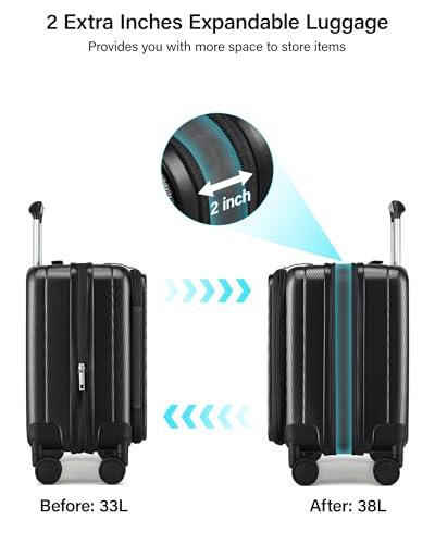 Hanke Top Opening Carry-On - Expandable 16 Inch Airline Approved Spinner | Easy-access top opening,360° spinner wheels,lightweight expandable hardshell, fits overhead bins,for overnight business trips - color: Jet Black, size: 16 Inch Expandable