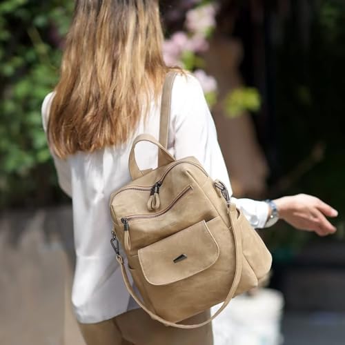 WYFJNX PU Leather Backpack Purse for Women Fashion Multipurpose Design Handbag Ladies Shoulder Bags Travel Backpack Khaki - color: Khaki
