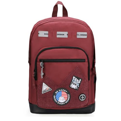 Swissdigital Design Big Student Laptop Backpack with Fun Personalized Patches For College Boy & Girl, Middle High School Teen Bookbag Cool Travel Daypack Burgundy - Includes 3 Patches | SD1718-44 - color: Burgundy
