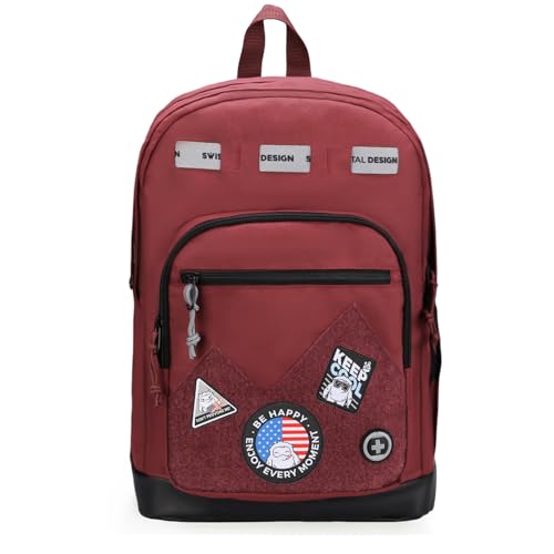 Swissdigital Design Big Student Laptop Backpack with Fun Personalized Patches For College Boy & Girl, Middle High School Teen Bookbag Cool Travel Daypack Burgundy - Includes 3 Patches | SD1718-44 - color: Burgundy