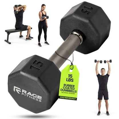 Rubber Coated Dumbbells - No Roll Design Easy-Grip Steel Knurled Handle, Weights Dumbbells Set for Strength Training - Ideal Weights Set for Home Gym - 10-60 LBS SOLD INDIVIDUALLY - size: 15 LB