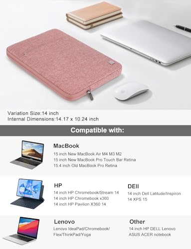DOMISO Laptop Case Laptop Sleeve Cover Compatible with 15 inch MacBook Air M4/A3241 2025, M3/A3114,M2/A2941,15 inch MacBook Pro A1990 A1707,Compatible with Dell XPS 15 Plus with Pocket, Pink - color: Pink, size: 14 inch