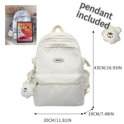 VTTDB Kawaii Backpack with Cute Accessories Casual Aesthetic Daypack Simple Laptop Bag Waterproof Travel Rucksack for Women (white) - color: White