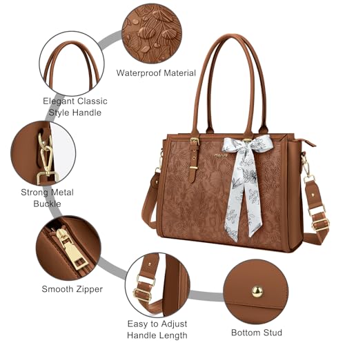 MOSISO Laptop Bag for Women, 17-17.3 inch PU Leather Tote Bag Compatible with MacBook, HP, Dell, Asus Notebook, Front Embossed Retro Hibiscus Computer Bags with Silk Scarf&Clutch Purse, Brown - color: Brown, size: 17.3 inch
