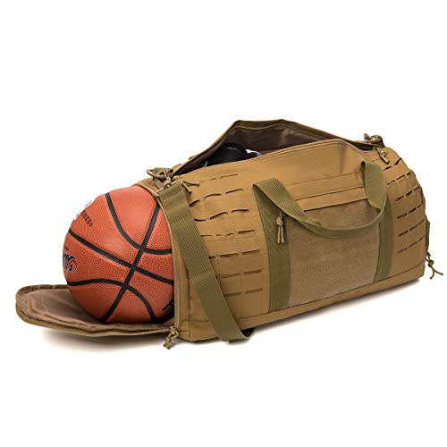 QT&QY 40L Military Tactical Duffle Bag For Men Sport Gym Bag Fitness Tote Travel Duffle Bag Training Workout Bag With Shoe Compartment Basketball Football Weekender Bag - color: Tan