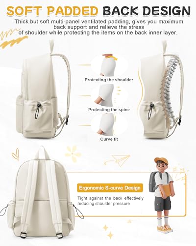 BJLFS Beige School Backpack for Girls Women Waterproof High School Book Bag Cute Backpack for Men Teens Boys, Lightweight Simple Middle School Back Pack Daypack - color: Beige