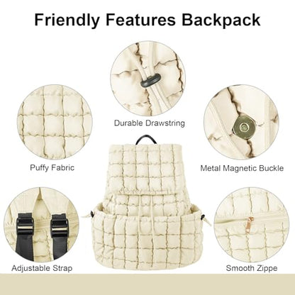 XSUIOY Quilted Backpack Purse for Women Small Lightweight Puffer Puffy College Laptop Backpack Nylon Casual Bookbag Daypack Top Flap Drawstring Padding Hiker Travel Gym Backpack(Beige) - color: Beige