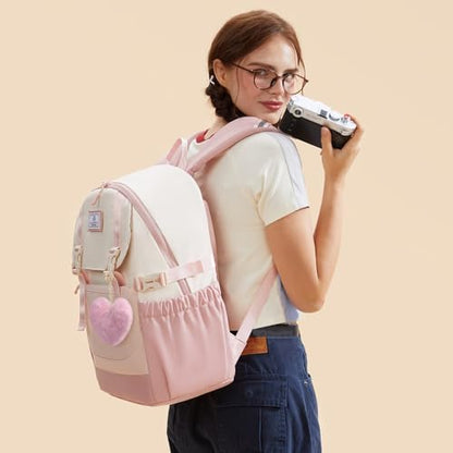 LOVEVOOK School Backpack for Teen Girls, Waterproof Travel College Bookbag for Middle High School with Large Cup Holder & Pencil Case, Fits 15.6'' Laptop, Cute Aesthetic Kids Student Backpack - color: Pink