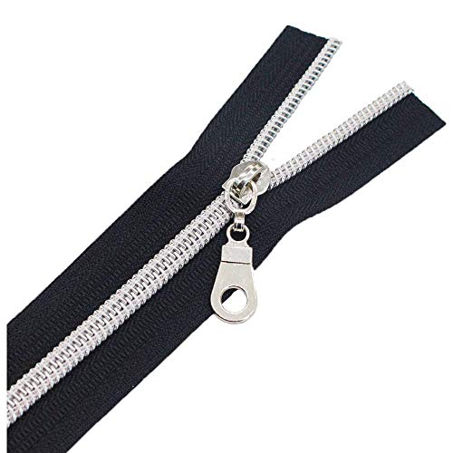 MebuZip #5 Silver Metallic Nylon Coil Zippers by The Yard Bulk Coil Zipper Roll 10 Yards with 25pcs Pulls for DIY Sewing Craft Bags (Black) - color: Silver Black