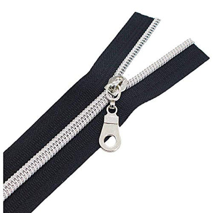 MebuZip #5 Silver Metallic Nylon Coil Zippers by The Yard Bulk Coil Zipper Roll 10 Yards with 25pcs Pulls for DIY Sewing Craft Bags (Black) - color: Silver Black