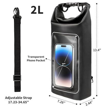 Waterproof Dry Bag, 2L Roll Top Waterproof Pool Bag IPX8 with Crossbody Strap, Phone Pouch Water Protector for Cruise Camp Swim Beach Fish Travel Essentials, Boat & Kayak Accessories (Black) - color: Black dry bag 2L