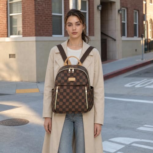 Makes Mini Backpack for Women, Stylish Daypack Purse Handbag Small Casual Daily Travel Bag, Lady Girls Gifts for Work School, 2pcs Sets - color: Checkered Coffee