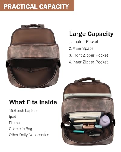 MASINTOR 15.6 inch Leather Laptop Backpack Purse for Women, Designer Travel and Work Bag with Laptop Compartment Retro Coffee - color: Retro Coffee
