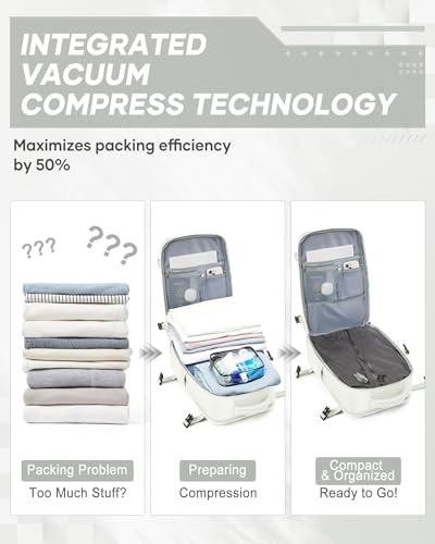 suwasp Vacuum Compression Backpack, 45L Expandable Travel Backpack with Electric Vacpack Pump, Travel Vacuum Bags with Shoe Compartment/17inch Laptop Compartment/USB Port, White - color: White, size: Medium