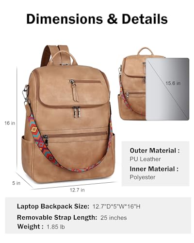 FADEON Laptop Backpack for Women Leather Travel Backpack with Laptop Compartment, Designer Ladies Computer Backpacks Camel - color: Camel Brown Retro Style