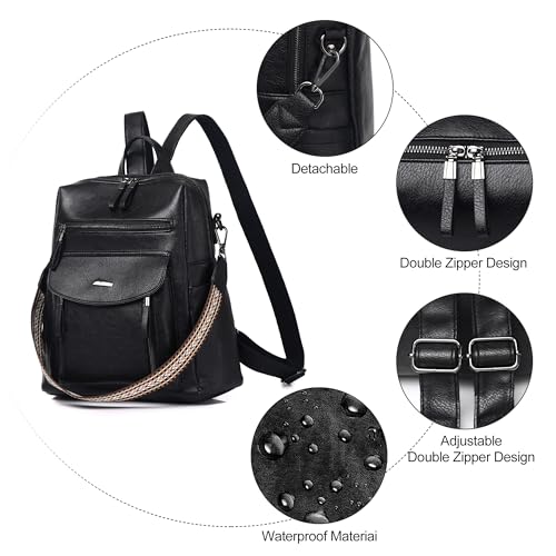 WYFJNX PU Leather Womens Backpack Purse Ladies Backpack Handbag Fashion Shoulder Bag Small Travel Bag Black - color: Dark Black