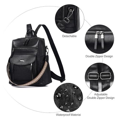 WYFJNX PU Leather Womens Backpack Purse Ladies Backpack Handbag Fashion Shoulder Bag Small Travel Bag Black - color: Dark Black