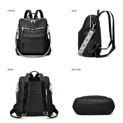 Makes Backpack Purse for Women PU Leather Travel Satchel Handbag Convertible Design Bag with Purse 2 Piece - color: Black Geometric