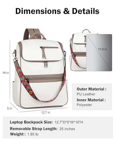 FADEON Laptop Backpack for Women Leather Travel Backpack with Laptop Compartment, Designer PU Shoulder Laptop Bag White - color: White Retro Style