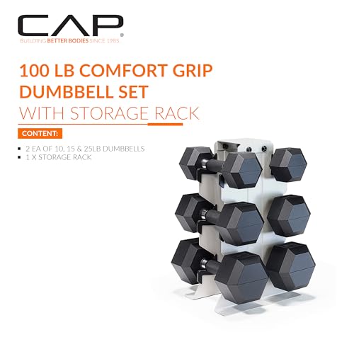 CAP Dumbbell Set with Rack, Rubber Coated Hex Free Weight Set | 100–300 lb Options, Vertical Space-Saving Storage for Home Gym Strength Training - size: 100 lb Set - Light Gray Rack, style: Comfort Handle