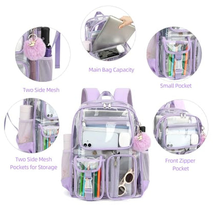Clear Backpacks for Girls Women, Heavy Duty PVC Transparent School Bookbag See Through Back Pack for College Work Travel (Light Purple) - color: Light Purple