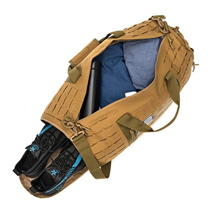 QT&QY 40L Military Tactical Duffle Bag For Men Sport Gym Bag Fitness Tote Travel Duffle Bag Training Workout Bag With Shoe Compartment Basketball Football Weekender Bag - color: Tan