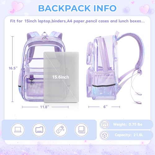 Sisipoet Clear Backpack for Girls with Cherry Blossom Print, Heavy Duty Transparent Bookbag for School, Stadium, and Concert, Purple - color: Purple