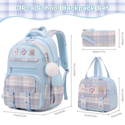 FIXITOK 3PCS School Backpack for Girls, Girls Backpack with Lunch Box, Pencil Case, Cute Kawaii Plaid Book Bag for Teen Girl Kindergarten Elementary Preschool Middle High School, Blue - color: Blue