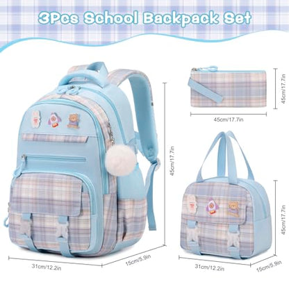 FIXITOK 3PCS School Backpack for Girls, Girls Backpack with Lunch Box, Pencil Case, Cute Kawaii Plaid Book Bag for Teen Girl Kindergarten Elementary Preschool Middle High School, Blue - color: Blue