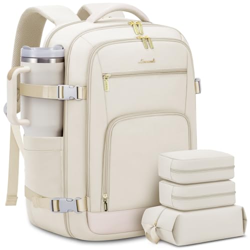 LOVEVOOK 50L Large Travel Backpack for Women Flight Approved, Carry on Backpack for Airplanes, Personal Item Travel Bag, Waterproof 18 Inch Laptop Backpack, Business Weekender Overnight Daypack, 4Pcs - color: Beige, size: 50l-18 Inch-4pcs