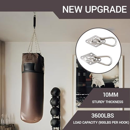 2Pack M10 Hammock Hanging Kit, Heavy Duty Stainless Steel Pad Eye Hooks with Snap Hook, for Porch Swing Punching Bag Ceiling Wall Mount, 1000Lbs Capacity Indoor Outdoor Hardware with Screws Anchors