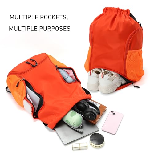Valleycomfy Sports Gym Bag Drawstring Backpack with Shoes Basketball Bag and Two Water Bottle Holder,Orange - color: Orange