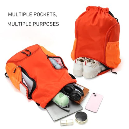 Valleycomfy Sports Gym Bag Drawstring Backpack with Shoes Basketball Bag and Two Water Bottle Holder,Orange - color: Orange