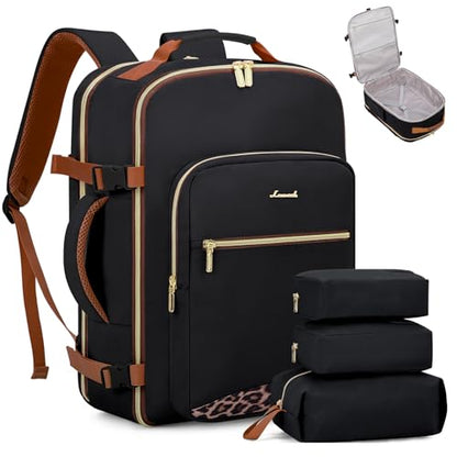 LOVEVOOK 40L Travel Backpack Flight Approved Carry on Backpack,3 Packing Cubes,Waterproof Personal Item Travel Bag,TSA Carry on Luggage Suitcase Travel Essentials,Gifts for Women & Men,fits 17" Laptop - color: Black-leopard Print, size: Large-40L-4Pcs