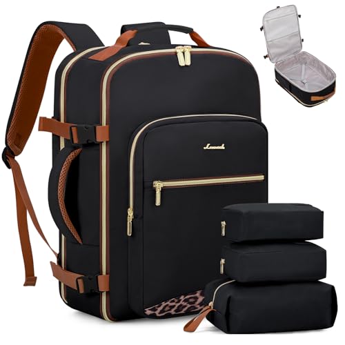 LOVEVOOK 40L Travel Backpack Flight Approved Carry on Backpack,3 Packing Cubes,Waterproof Personal Item Travel Bag,TSA Carry on Luggage Suitcase Travel Essentials,Gifts for Women & Men,fits 17" Laptop - color: Black-leopard Print, size: Large-40L-4Pcs