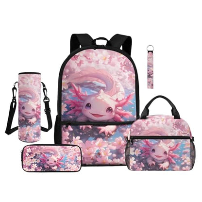 ZDCUSTOM Girls Backpack with Lunch Box, Axolotl School Backpack for 1st Grade, Cute Bookbag for Little Girls Schoolbags with Pencil Case Water Bottle Holder Keychain, Back to School Gifts - color: Cute Axolotl